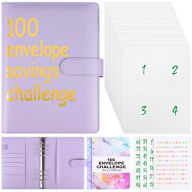 MAKCNMYM 100 Envelopes Money Saving Challenge Binder with Cash Envelopes Budget Binder Savings Challenges Book A5 Planner Binder for Money Cash Financial Planning to Save $5050 (Puple Gold)