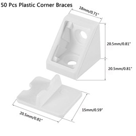 TOP-VIGOR 50Pcs Plastic Corner Bracket, Shelf Cabinet Door 90 Degree 2 Holes Angle Brackets 18 x 20.5 x 20.5 mm with Cover Cap for Reinforce Right Angle Corner Brace Joints of Drawers Furniture