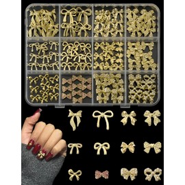 OPMADM 120 Pcs Gold Bow Nail Charms Bulk 12 Grids Gold Charms for Nails Design Kit Metal Alloy Nail Art Charms