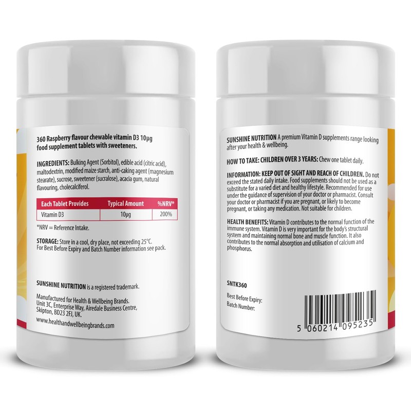 Vitamin D Chewable Supplements for Children 360 Raspberry Flavour Tablets