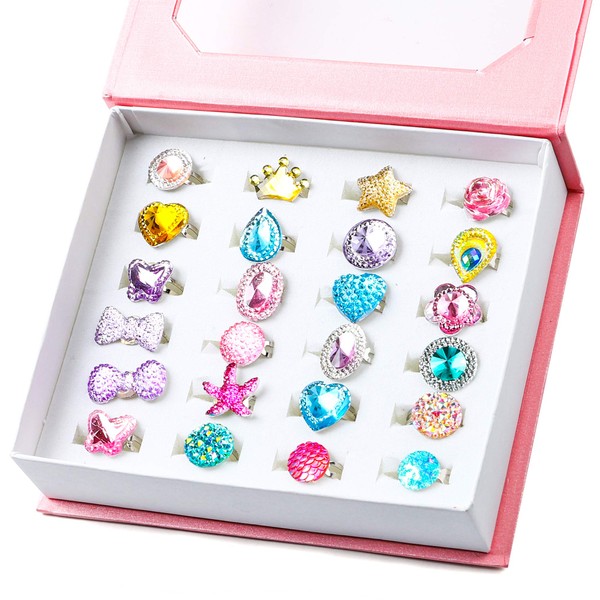 WATINC 24Pcs Adjustable Princess Pretend Jewelry Rings, Girl’s Jewelry Dress Up Play Toys, Rhinestone Gift Set in Box for Little Girls, No Duplication Diamond Ring for Children, Party Favors for Kids