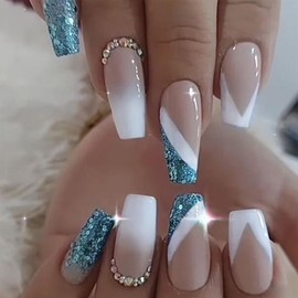 Press on Nails Medium Ballet Shaped False Nails Blue Glitter Sequins Powder and Rhinestones Design French Fake Nails Full Cover Glossy Reusable Coffin Nails Glue on Nails for Women Supplies 24Pcs