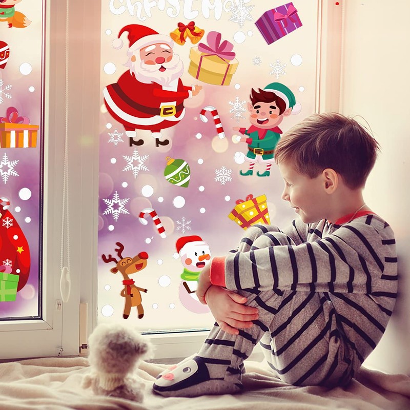 FINGOOO Christmas Window Clings Stickers 8 sheets Snowflake Window Decals