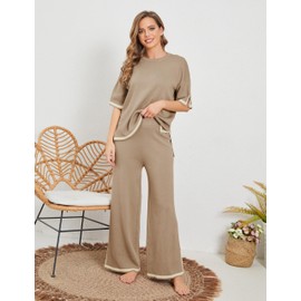 Tanming Sweater Sets Women 2 Piece Lounge Sets Short Sleeve Knit Pullover Tops Wide Leg Pants (DarkKhaki-XL)