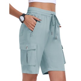 MoFiz Women's 10" Hiking Cargo Shorts 6 Pockets Lightweight Quick Dry Outdoor Running Knee Length Athletic Short Summer Travel Loose Dusty Blue S