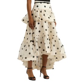 Wuitrie Polka Dot Long Skirt for Women 2025 Trendy Spring Summer Ruffle Irregular Medium Long Pleated Skirts White