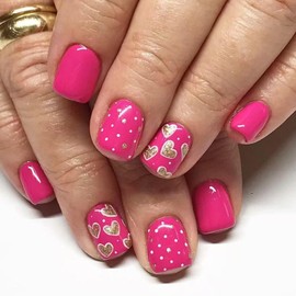 Valentine's Day Press on Nails Short Square Nails Press ons with Heart Golden Glitter White Dot Design Acrylic Nails Rose Red False Nails Glossy Fake Nails Valentines Glue on Nails for Girls 24Pcs