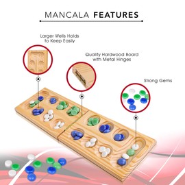 Point Games Mancala de pino macizo, juego de mesa plegable con mármoles azules, verdes y blancos, juego de viaje de estrategia portátil, a partir de 6 años