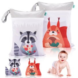 ueslwser Pack of 2 Nappy Bags, Wet Bags, Nappy Bag, Wet Bag, Dry Changing Bag, Waterproof Washable Wet Bag, Wetbag + Nursery with Zip for Baby, Toddler, Travel, Gym, On the Go, Squirrel and Raccoon