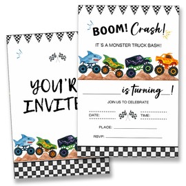 YLKJSTYS Monster Truck Birthday Invitations for Boys, Boom Crash Checkered Truck Birthday Party Invites (20 Cards with Envelopes) Double Sided Design