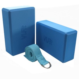 VLFit Set of 2 Hi-Density Yoga Blocks with Yoga D Ring Cotton Stretch Strap – Choice of Colour