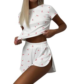 Remidoo Women's Cherry Graphic Tee Shirts and Shorts Pajamas Set Side Slit Crewneck Loungewear Red X-Large