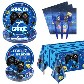 81 Pcs Video Game Party Supplies - 7th Birthday Video Game Party Decor Dinner Plates Napkins Video Game Tablecloth Forks Gaming Party Pack for Boy 7th Birthday Party, Serves 20