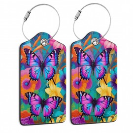 2 Pack Luggage Tag for Suitcase,Groovy Flowers Butterflies Leather Suitcase Tags Identifiers with Privacy Name Address Labels and Durable Steel Loop for Women Men Travel