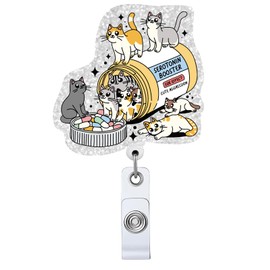 Funny Cat Pills Badge Reel, Cute Work Badge Holder with Retractable Clip, Name ID Badge Clips Keychain for Office Worker Doctor Nurse Teacher Employee