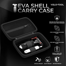 Velo-Tool™ CO2 Inflator Bike Pump – Premium, Quick & Lightweight & Adjustable Flow+Sturdy EVA Carry Case, Foam Grip-Presta & Schrader Valve Compatible-Suitable for MTB, Race/Road & BMX Bikes.