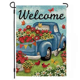 Garden Flags, Welcome Garden Yard Flag, 12x18 Flower Truck Welcome Flags, Vertical Double Sided Burlap Small Garden Decor Flag, Farmhouse Yard Flags for All Season Outdoor Decoration(Only Flag)