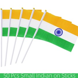 50 Packs India Flags Hand-hold Mini Flag Small Hand-waved Indian Flag Bunting with Plastic Sticks Party Parade Celebration Sports Football Game School Events Festival Outdoor Decoration