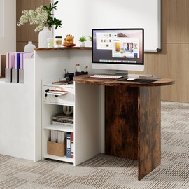 SILKYDRY Reception Desk, Small Retail Checkout Counter with Lockable Drawer and Open Shelves, Wooden Front Desk Reception Counter, Oval Desktop & L Counter for Store Office Lobby Salon (Brown & White)