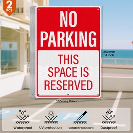 YIKIADA 2 Pack No Parking This Space Is Reserved Sign 14 × 10 Inches High Reflective Waterproof Aluminum Metal Signage with Pre-Drilled Holes for Home Office Garage Private Property Driveway