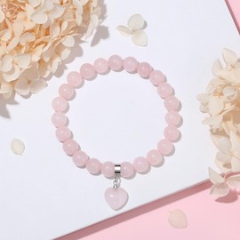 AWARDSEN Rose Quartz Crystal Bracelet Heart Jewellery Bracelet 8mm Natural Bead Bracelets for Women Love Pink Bracelet,Ladies Bracelets,Bracelets for Mum,Pink Gifts for Women