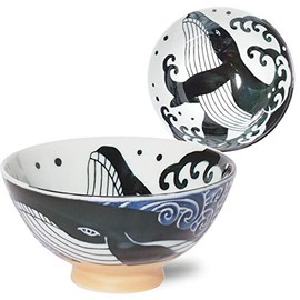 Minoru Touki White Wave Whale Blue Ceramic Rice Bowl Small φ4.72×H2.4in 5.64oz Made in Japan