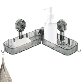 DODAMOUR Suction Corner Shower Caddy, No Drill Wall Mounted Bathroom Organizer with Drain Holes, Removable Plastic Shelf for Bathroom, Kitchen, Livingroom and Bedroom (Black)