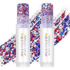 Red White & Blue Star Body Glitter for Face, Body & Hair - 4th of July Soccer Game Day Accessories, Chunky Sparkle Patriotic Makeup for Watch Party, Rave & Stadium, 2 Pack for Women
