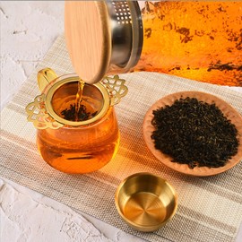 Wanaooya 4 Set Tea Strainers with Drip Bowls,Tea Filter with Double Winged Handles,Loose Leaf Tea Strainers Silver Mesh Tea Infuser Brew Loose Leaf Tea (Gold)