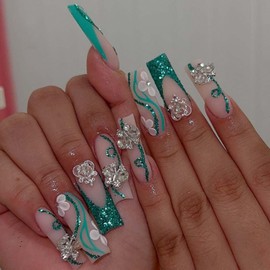 Gifiky Long French Press on Nails Square Fake Nails Swirl Nails Tips Full Cover Breen False Nails for Women and Girls 24Pcs