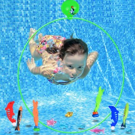 19pcs Diving Pool Toys, Swim Thru Diving Ring for Boys Girls, Fun Swimming Hoops with Torpedo Bandits Fish Toy, Sea Animals Gems for Kids Diving Training & High Stability