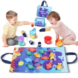 Montessori Toys for 1 Year Old, 27 Pcs Cloth Fishing Game for Toddlers Sorting Toy, Baby Toys for 1 Year Old Boy with Stacking Cups, Fishing Toys for Toddlers 1-3 First Birthday Gifts for Boy Girl