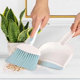 Dustpan and Broom Set/Small Mini Handheld Dust pan with Cleaning Brush Combo for Home Desktop/Sofa/Pet Household Care/Camping (White+Blue M3)