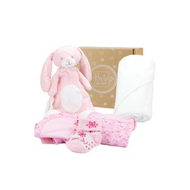 Baby Box Shop - 6 Baby Essentials for Newborn Baby Girl, Ideal Baby Shower Gifts & Christening Gifts for Girls, Includes a Baby Comforter, Pink Hooded Baby Towel, Muslin Cloth, Bodysuit, Bib & Socks