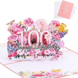 100th Birthday Card - 100 Year Old Birthday Cards for Mum Dad Grandad Grandma Grandmother Grandfather Brother, 3D Pop Up Cards, Flower Popup Happy Card with Blank Note Envelope, One Hundredth Pop-up