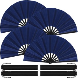 Blulu 4 Pcs Large Chinese Folding Fans for Line Dancing Big Silk Handheld Clapping Popping Fans for Men Women Foldable for Dancing Boots on The Ground(Navy)