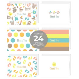 Traditional Pastel Thank You Greeting Cards / 24 Baby Shower Note Cards With White Envelopes / 6 Adorable Gender Neutral Thanks Designs