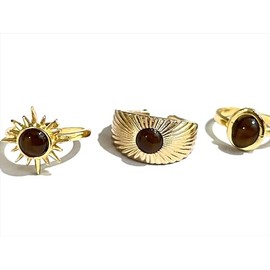 WDKLSJ Set of vintage sun shaped rings, energy tiger's eye stone, gold colour, adjustable