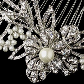 Elegance BC SALE!! Antique Silver and White Pearl & Rhinestone Floral Vine Bridal Hair Comb