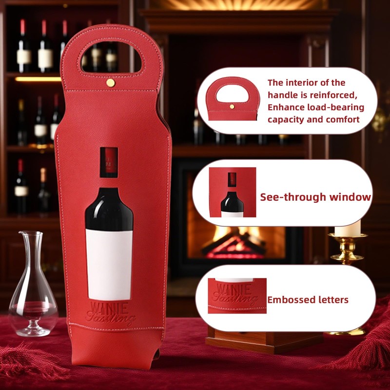 Wine Gift Bag, PU Leather Single-Bottle Wine Tote Carrier, Reusable