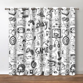 Jekeno Video Games Blackout Curtains - Blocking Window Drapes Sketch Art Computer Gamepad Sports Rocket Teen 90's Decor Home Bedroom Living Room Grommet Window Drapes 2 Panel Set, 52" x 63"