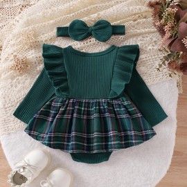 My First Christmas Baby Girl Outfit Newborn Velvet Ruffle Romper Dress Infant Bodysuit Cute Fall Winter Clothes (F Plaid Green,3-6 Months)