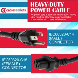 CablesAndKits Heavy Duty AC Power Cord 15A/125V, 14 AWG 5-15P to C15 Replacement for Cisco MA-PWR-Cord-US, CAB-US515-C15-US, CAB-TA-NA-9200, 9300, CAB-C15-AC, CAB-9K12A-NA - (Black) (8 ft)
