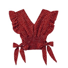 LYANER Women's V Neck Polka Dots Ruffle Cap Sleeve Shirred Hem Blouse Crop Tank Top Red X-Small