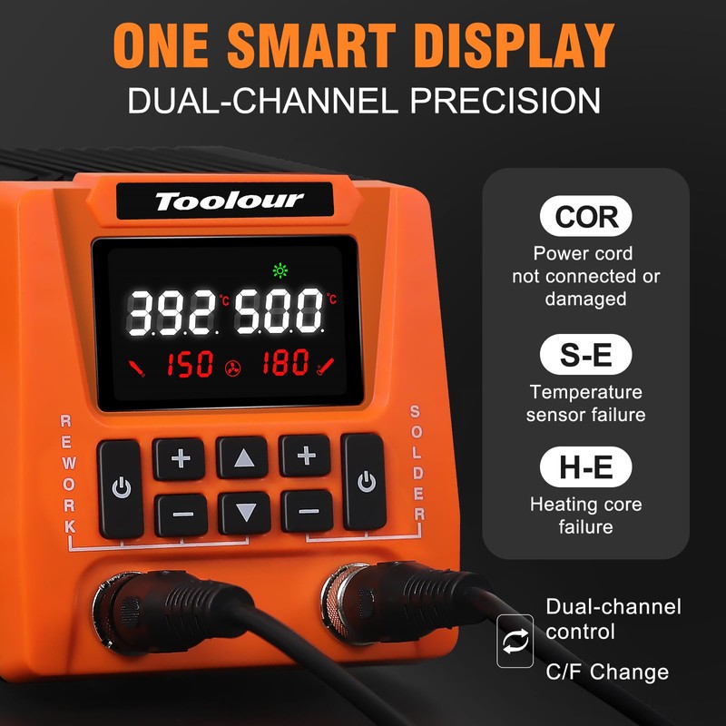 TOOLOUR 2-IN-1 851D Soldering Iron Hot Air Rework Station, 302°F-932°F