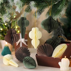 Moinchore 18 Pcs Christmas Paper Honeycomb Decorations Paper Hanging Ornament for Tree Christmas Tree Paper Ornament Honeycomb Paper Party Ornament for Xmas Holiday (Coffee, Light Green, Beige)