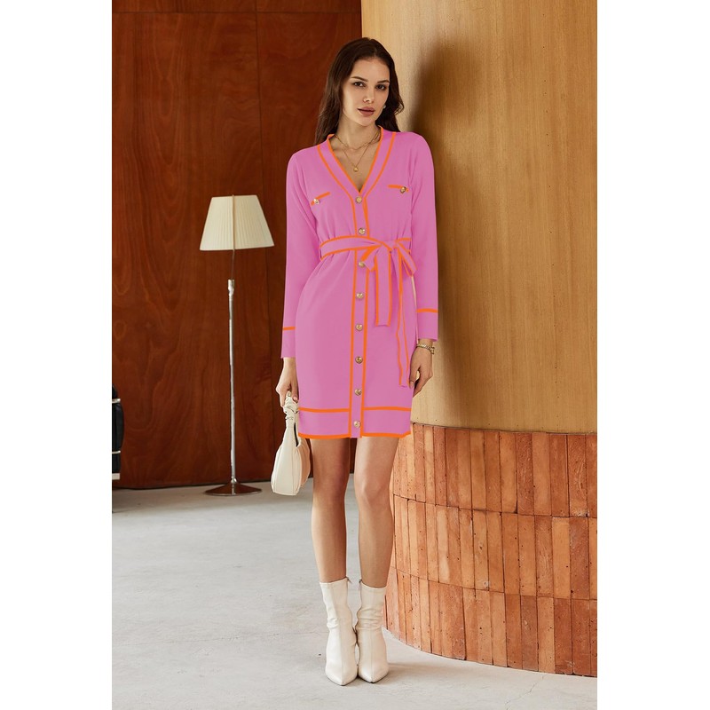 Pink Queen Women's Long Sleeve Button Down Mini Dress Elegant