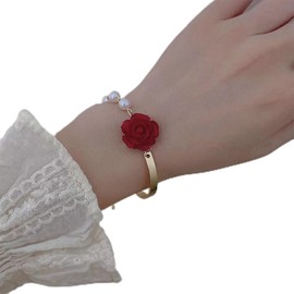 Yienate Vintage Pearl Roses Bracelet Baroque Red Roses Flower Wrist Chain Dainty Pearl Floral Hand Chain Tiny Crystal Butterfly Pearl Slave Bracelet Jewellery Gift for Women and Girls
