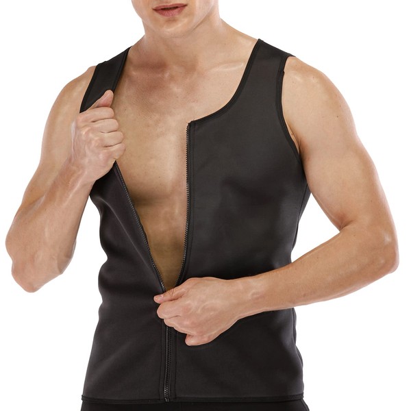 FEimaX Men's Sweat Vest Neoprene Sauna Thermal Compression Slimming Vest with Zip Sports T-Shirt Body Shaper, Black