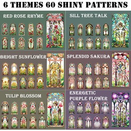 60 Pieces Window Frame Holographic Stickers, 6 Themes Glitter Transparent Stickers, Shiny PET Scrapbook Sticker Set, Waterproof Stickers Decoration Accessories for Art Craft, Junk Journal